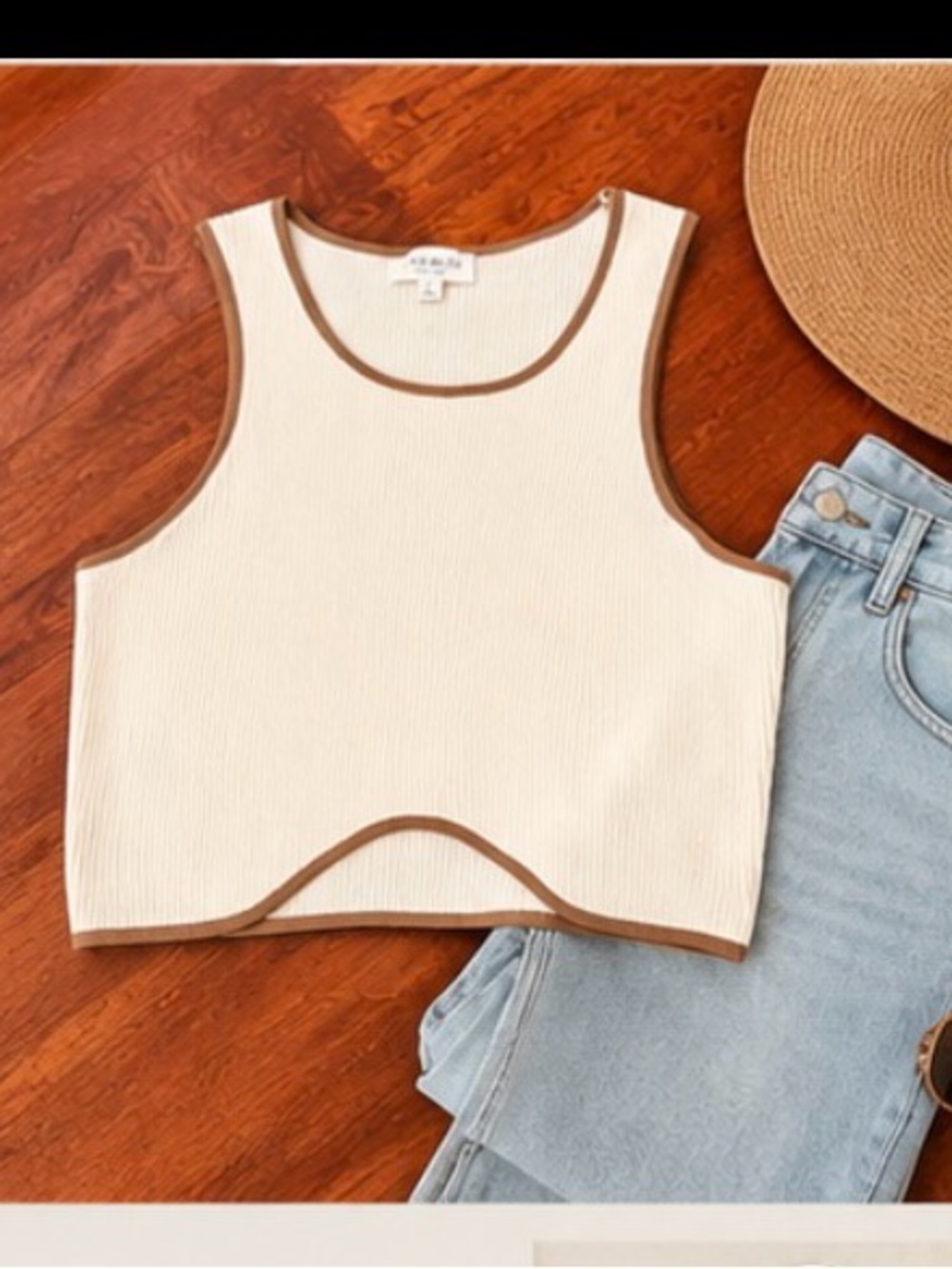 Promise Cream Ribbed Tank with Brown Trim